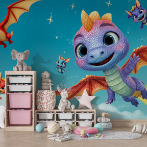 Colorful dragon mural wallpaper in playroom setting with magical sky theme for kids