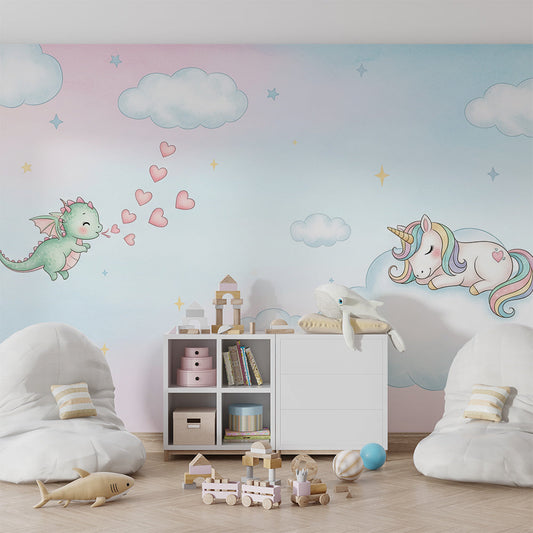 Kids-Mundo pastel unicorn and dragon mural covering a feature wall in a girl's bedroom