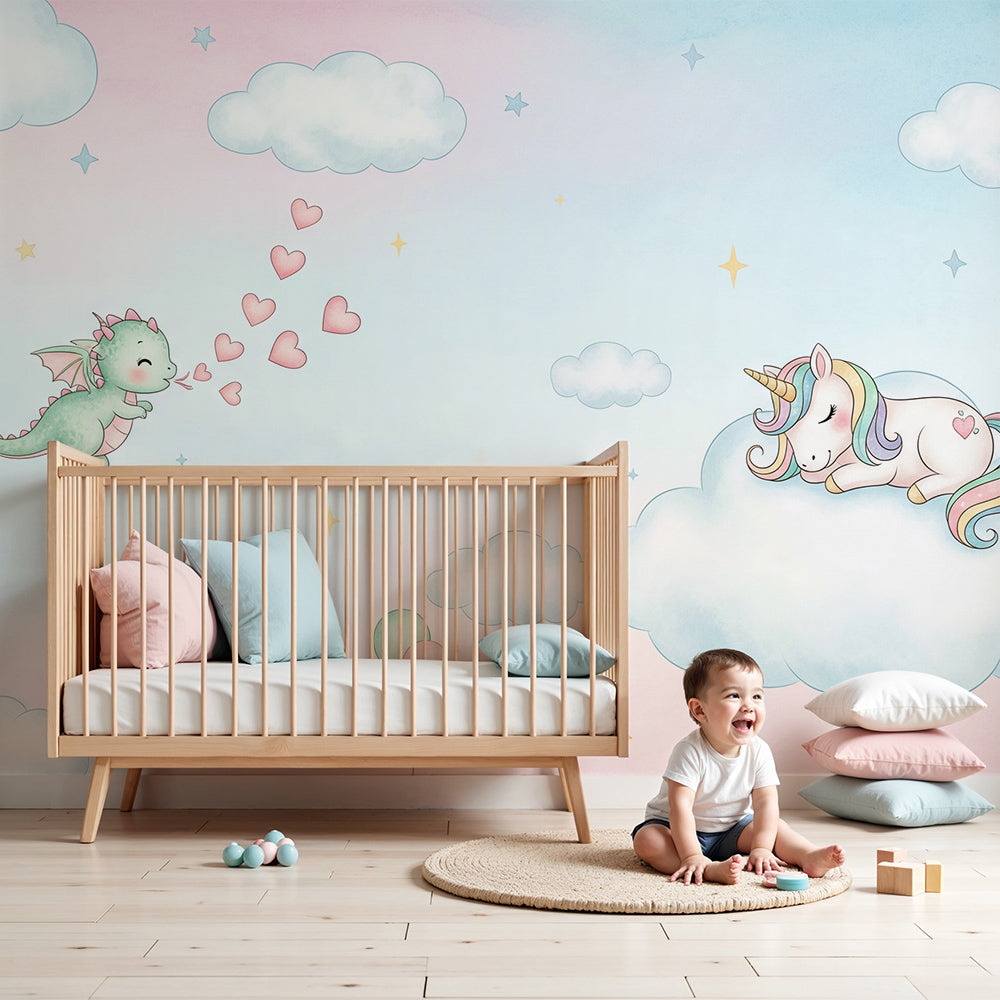 Kids-Mundo dragon and unicorn wall mural in soft pastel tones styled in a baby nursery