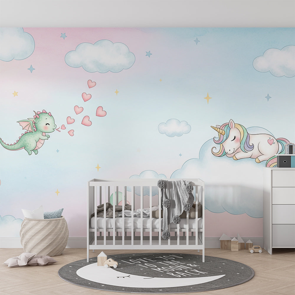 Kids-Mundo dreamy dragon and unicorn wall mural shown on a wall in a bright playroom