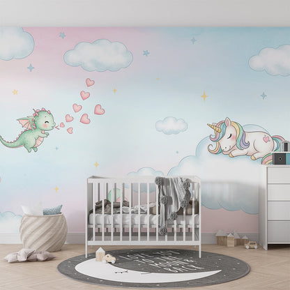 Kids-Mundo dreamy dragon and unicorn wall mural shown on a wall in a bright playroom