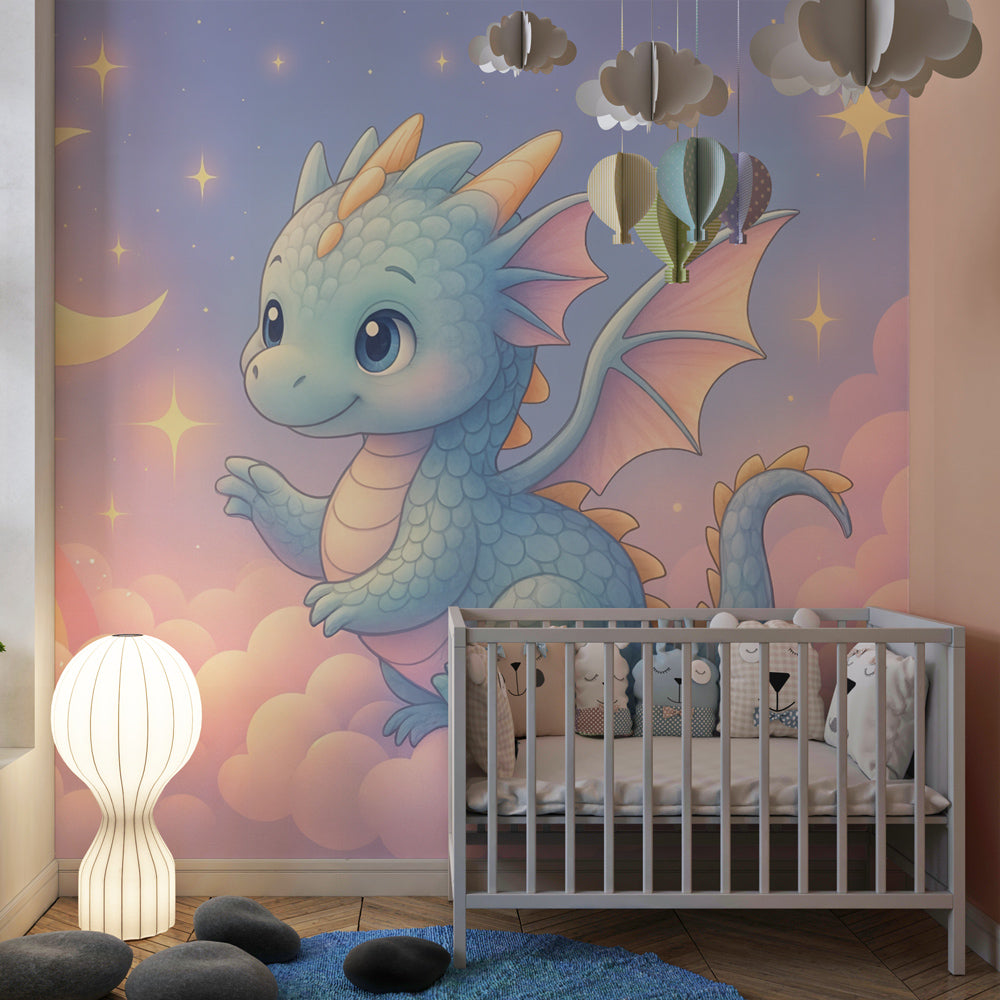 Whimsical dragon sky wallpaper with moon and stars in bright kids playroom setting