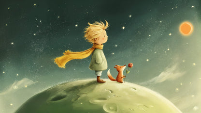 Kids-Mundo boy and fox on the moon artwork with stars, flat design view.