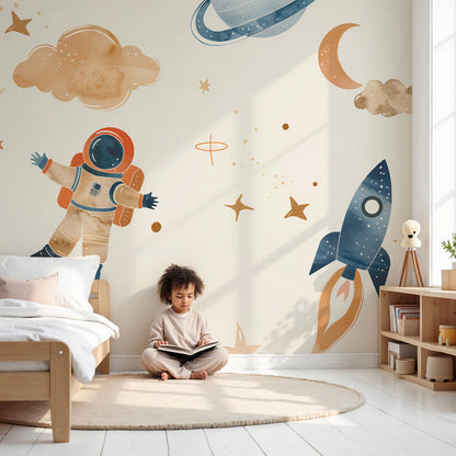 Kids-Mundo dreamy astronaut wall mural styled in a soft cream-toned nursery.