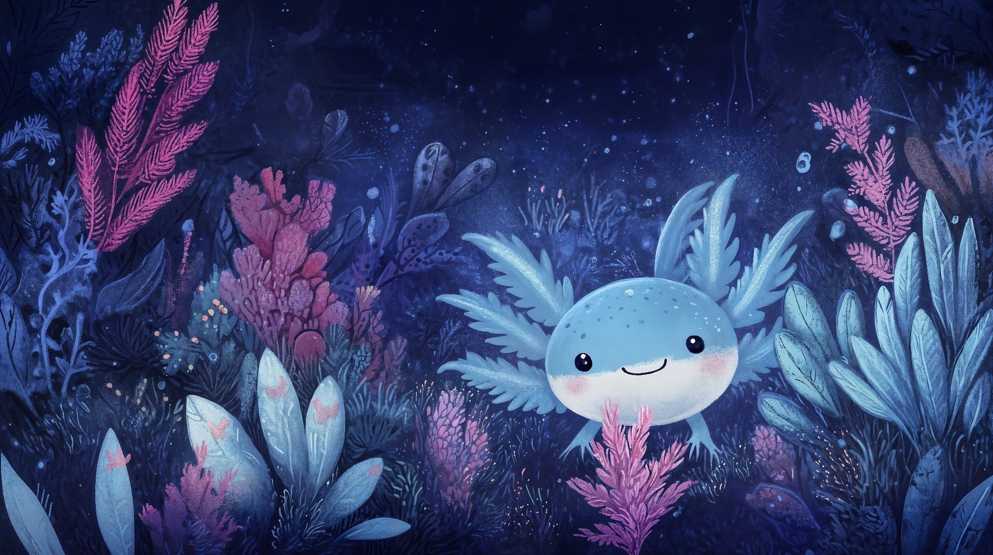 Kids-Mundo flat artwork of a smiling axolotl among glowing pink and blue midnight coral