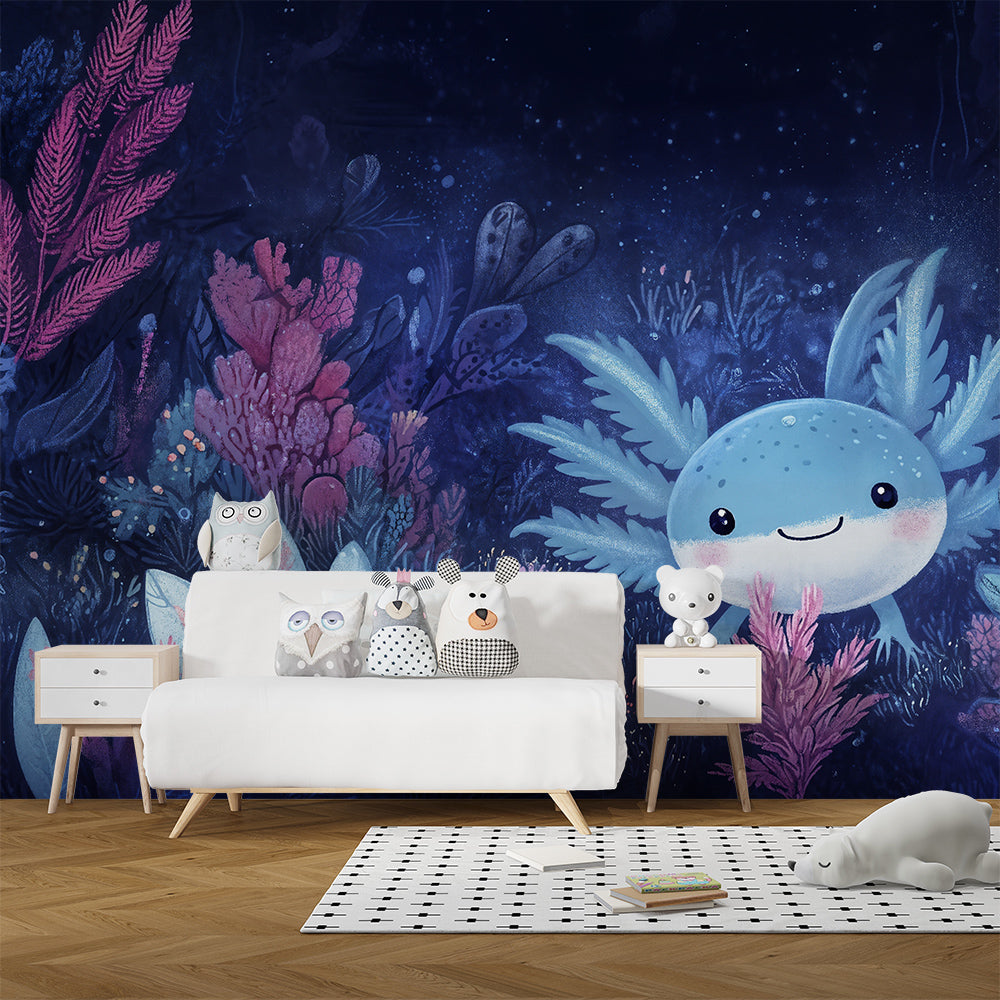 Kids-Mundo axolotl wall mural brightening a playroom wall with dreamy midnight coral reef