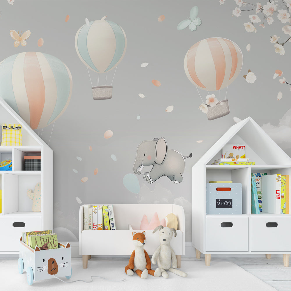 Gentle elephant and cloud wallpaper transforming toddler room into peaceful sanctuary