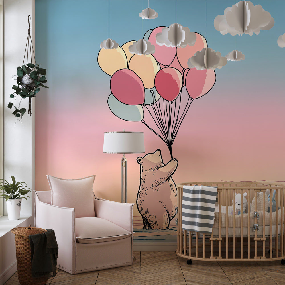 Bear with balloons wallpaper creating magical atmosphere in baby bedroom decor