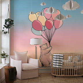 Bear with balloons wallpaper creating magical atmosphere in baby bedroom decor