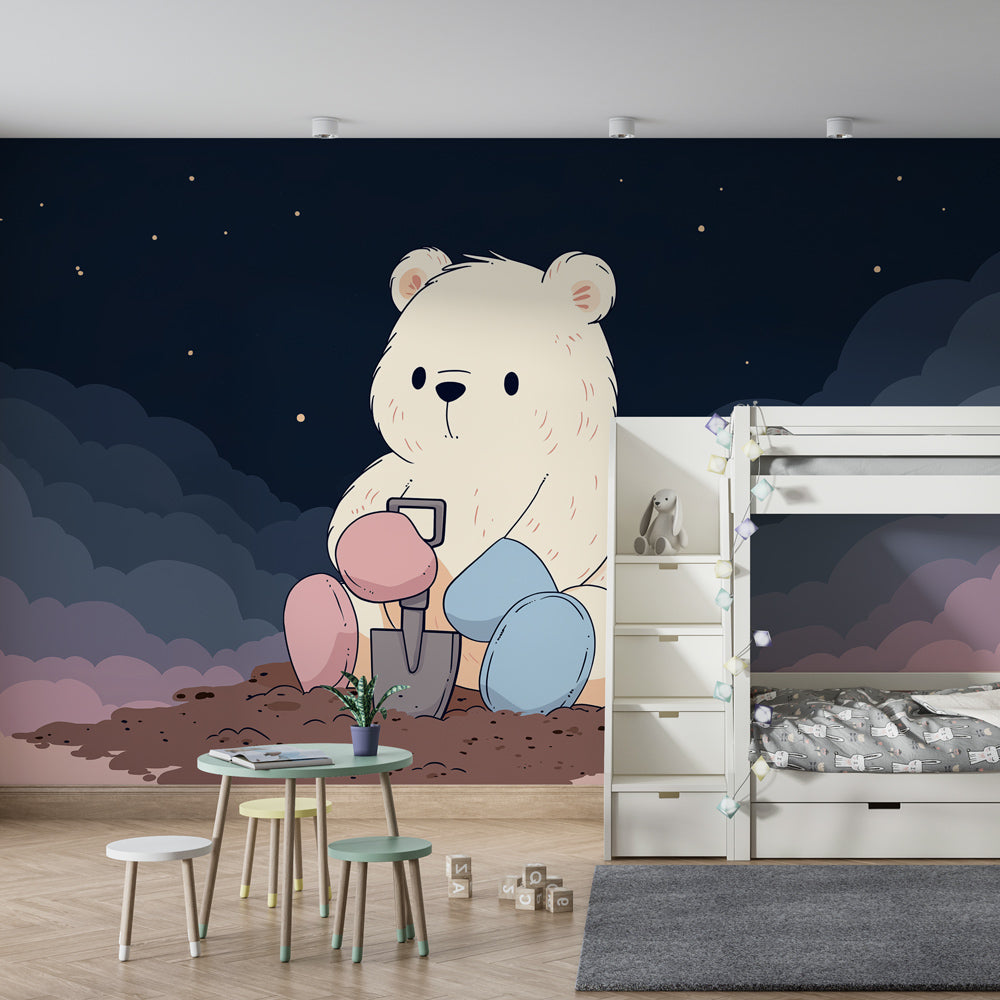 Bear and stars wallpaper creating peaceful atmosphere in baby bedroom decor