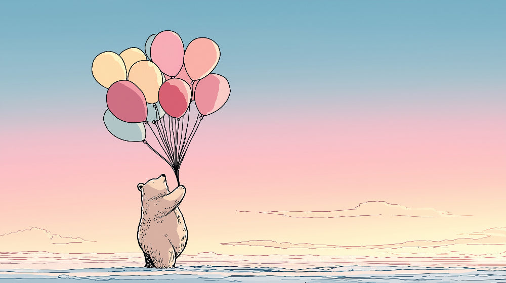 Detailed dreamy bear with colorful balloons mural wallpaper design pattern by Kids-Mundo