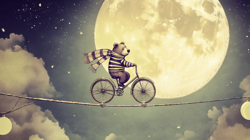 Detailed dreamy bear and fairy moon mural wallpaper design pattern showing multicolored whimsical elements by Kids-Mundo