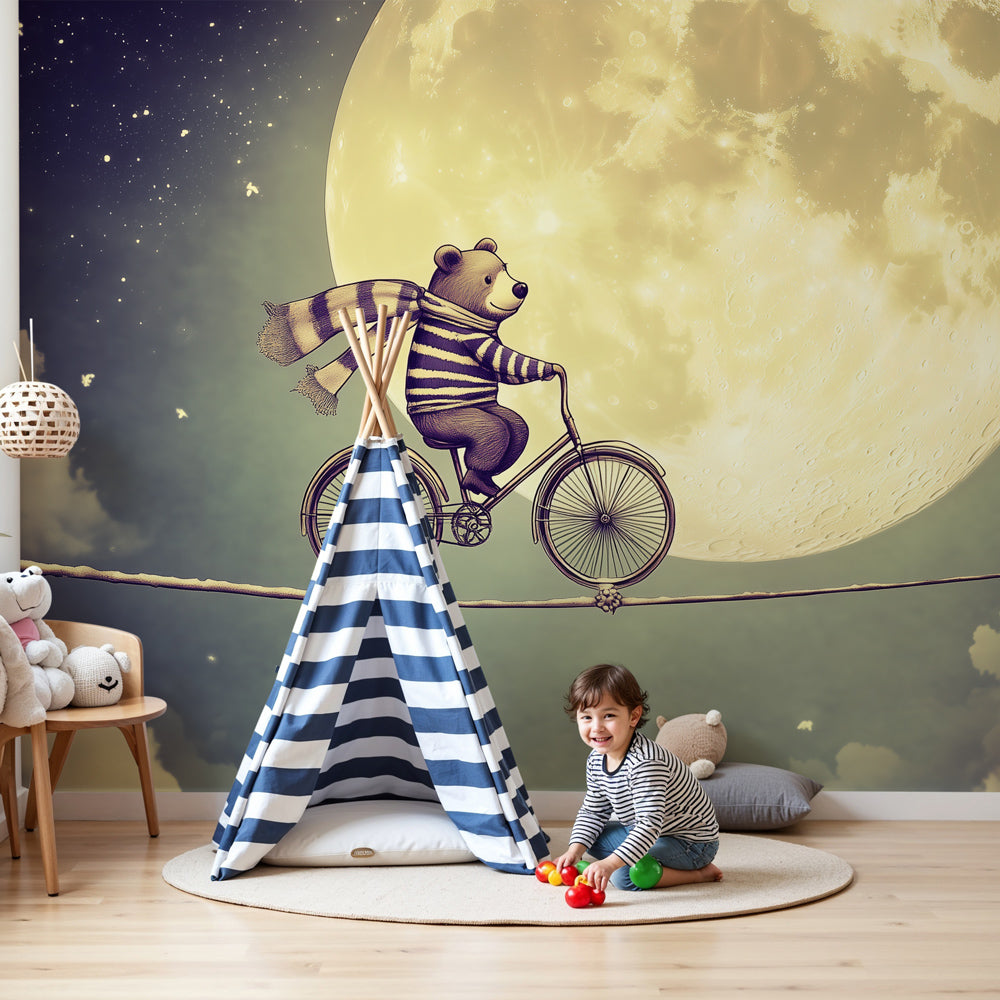 Dreamy bear mural wallpaper creating magical nursery atmosphere with teddy bear and moon design by Kids-Mundo