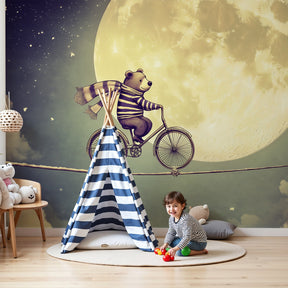 Dreamy bear mural wallpaper creating magical nursery atmosphere with teddy bear and moon design by Kids-Mundo