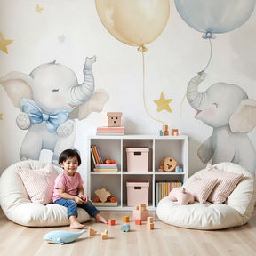 Dreamy elephant star balloon mural wallpaper in modern nursery setting by Kids-Mundo