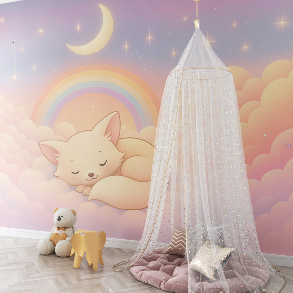 Sleeping fox wallpaper creating peaceful kids bedroom decor with rainbow and stars
