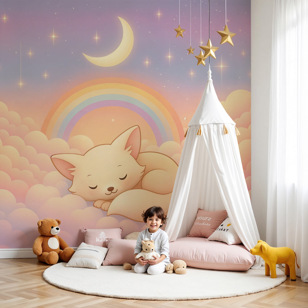Dreamy fox mural wallpaper with pastel clouds in modern nursery room by Kids-Mundo