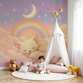 Dreamy fox mural wallpaper with pastel clouds in modern nursery room by Kids-Mundo