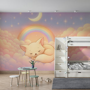 Pastel fox and clouds mural wallpaper transforming toddler room into magical space
