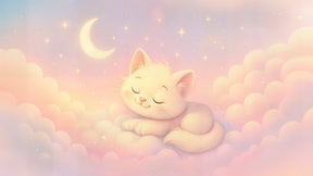 Detailed dreamy kitten mural wallpaper design pattern with stars and pastel clouds by Kids-Mundo