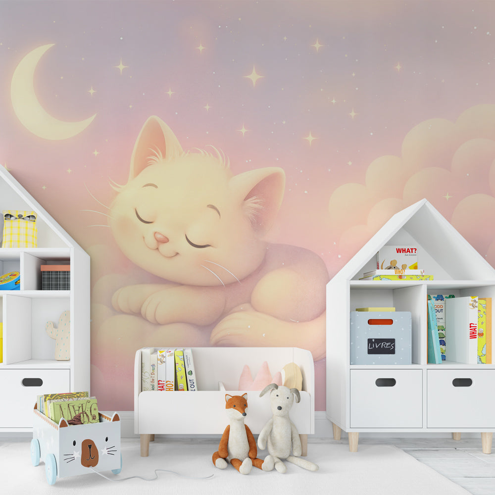 Starry night kitten mural wallpaper creating cozy reading nook for kids by Kids-Mundo