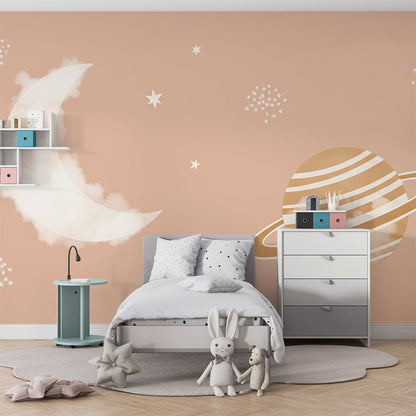 Kids-Mundo celestial moon and planet wall mural on a feature wall in a kids bedroom