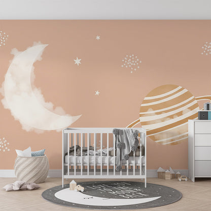 Kids-Mundo dreamy moon and planet wall mural brightening a calm children's playroom