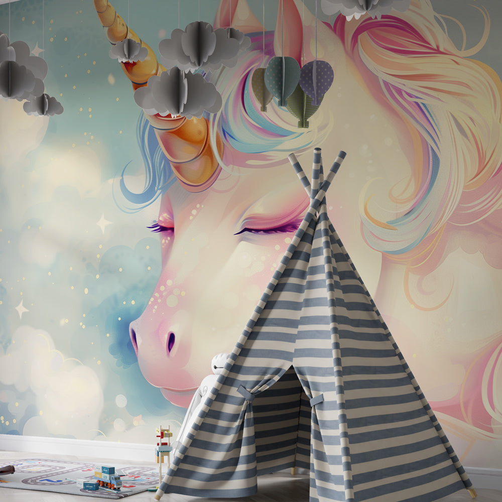 Kids-Mundo pastel unicorn wall mural brightening a playroom reading nook with cushions
