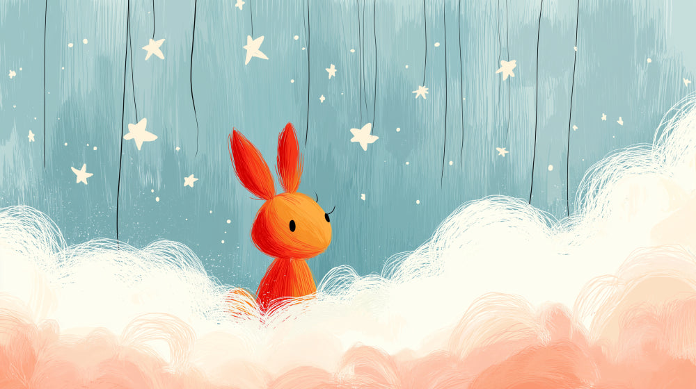 Detailed dreamy rabbit and stars mural wallpaper design pattern with blue terracotta tones by Kids-Mundo