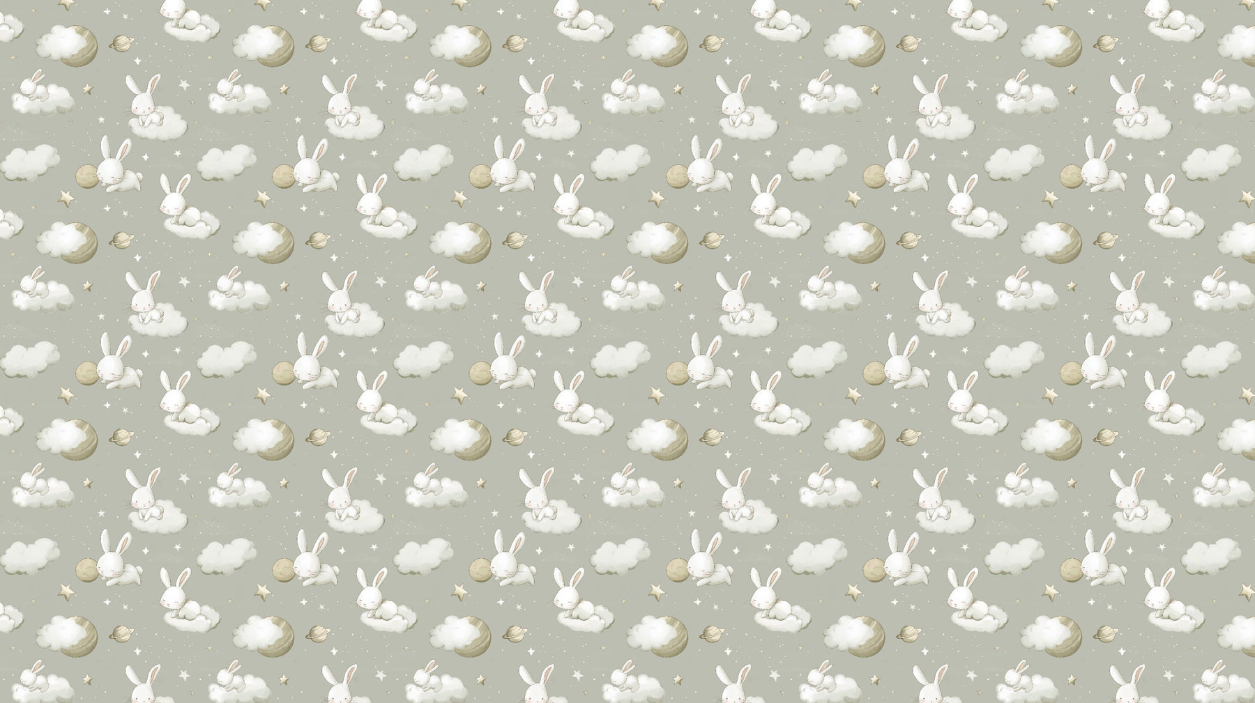 Detailed dreamy rabbits on clouds mural wallpaper design pattern with stars and planets by Kids-Mundo