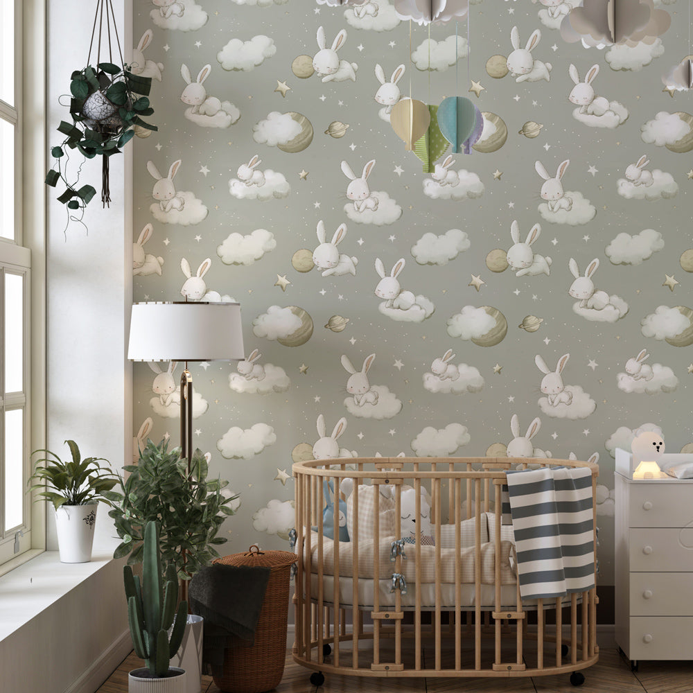 Sleeping bunnies mural wallpaper creating cozy bedtime atmosphere in children's bedroom