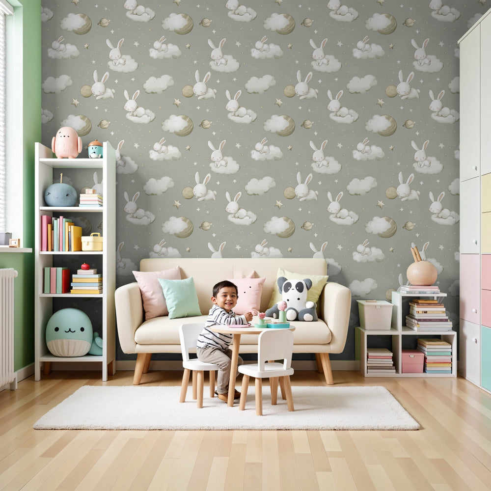 Dreamy rabbits starry sky mural wallpaper in modern nursery with natural wood crib by Kids-Mundo
