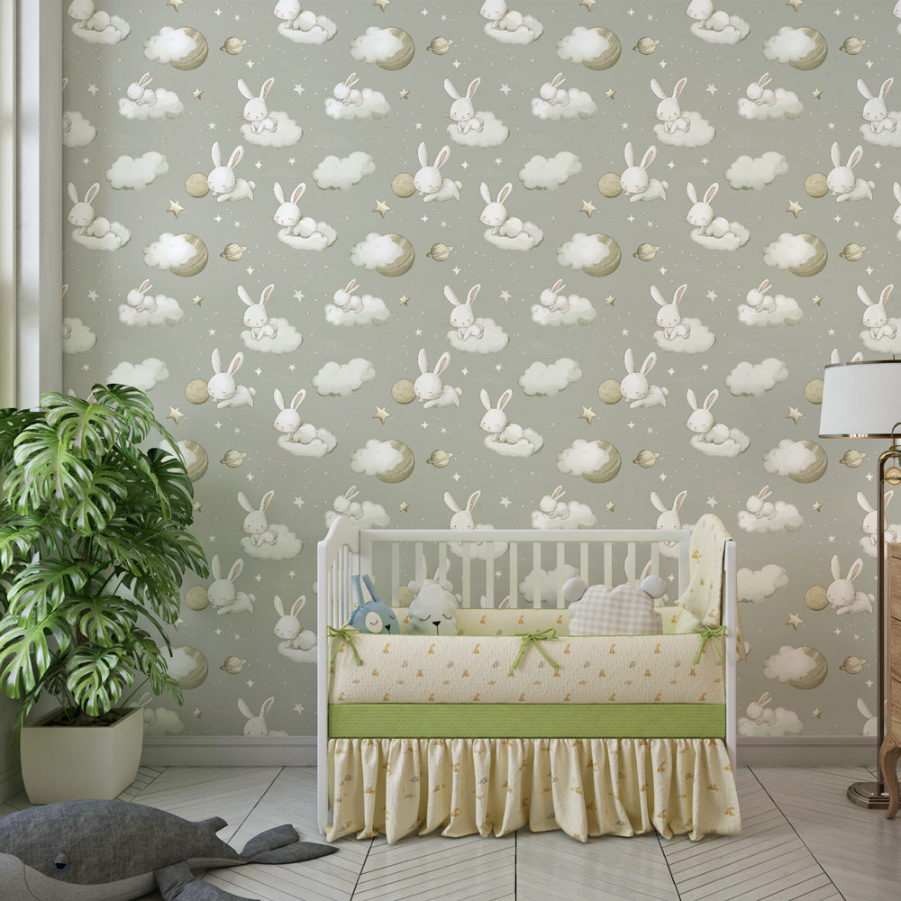 Starry night rabbits wallpaper with grey and gold tones in elegant toddler room setting