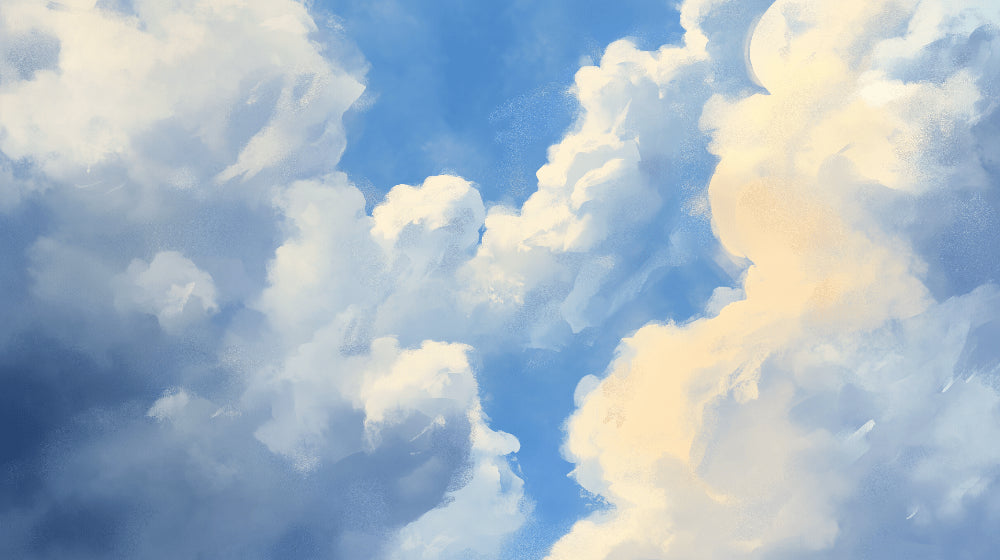 Detailed fluffy clouds sky mural wallpaper design pattern with soothing blue tones by Kids-Mundo