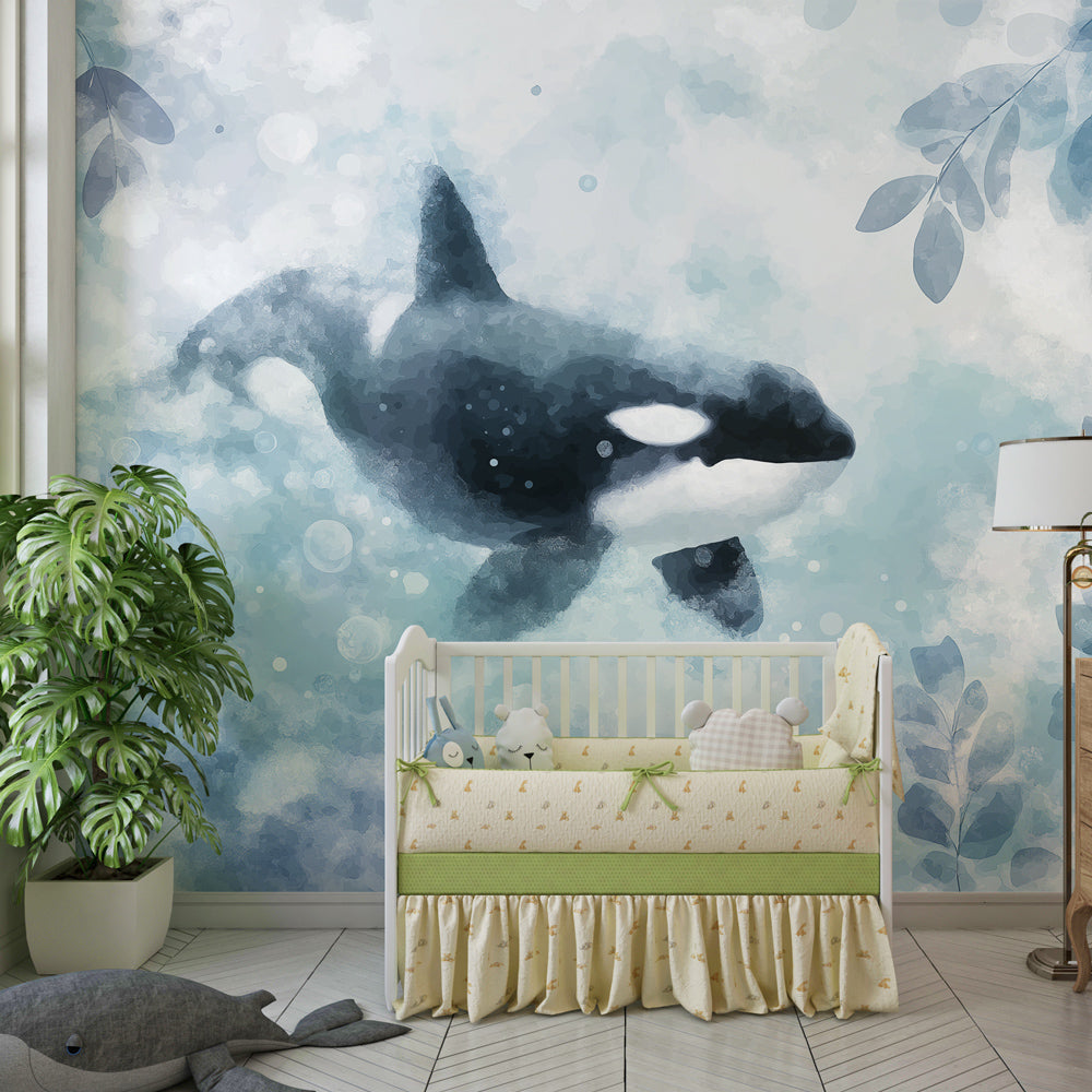 Made-to-measure Kids-Mundo orca wall mural adding a calm watercolour scene to a children's playroom.