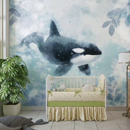 Made-to-measure Kids-Mundo orca wall mural adding a calm watercolour scene to a children's playroom.