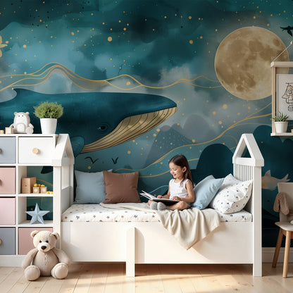 Kids-Mundo whale wall mural fitted above a cot in a deep blue starlit nursery