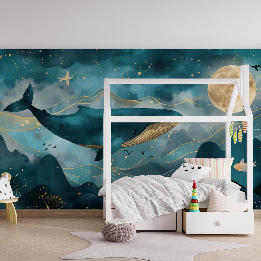 Kids-Mundo whale under the moon wall mural fitted in a cosy playroom reading nook