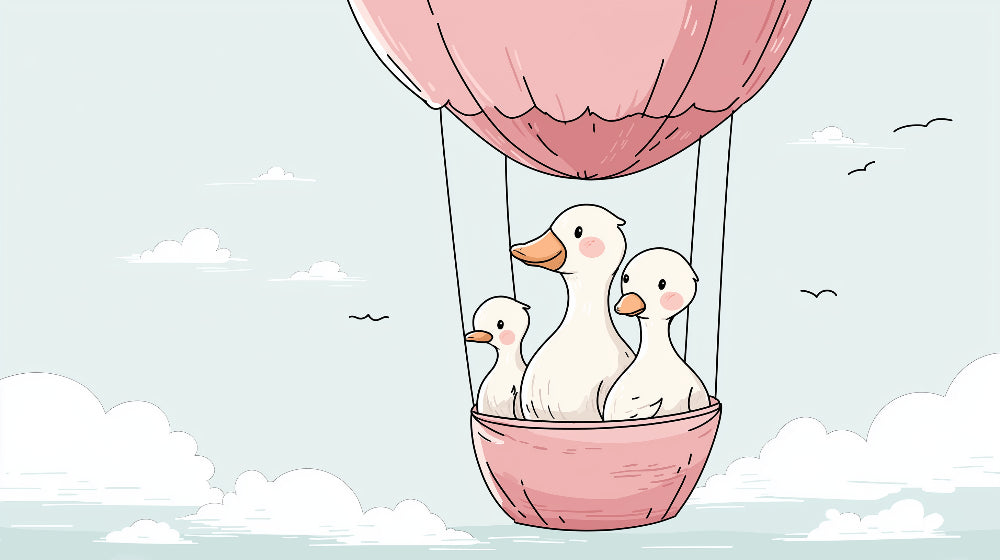 Detailed duck hot air balloon mural wallpaper design pattern with clouds by Kids-Mundo