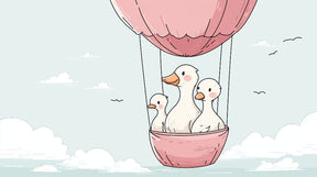 Detailed duck hot air balloon mural wallpaper design pattern with clouds by Kids-Mundo