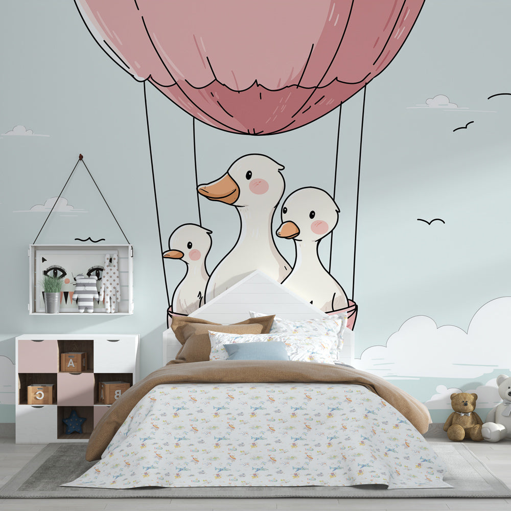 Whimsical duck balloon mural wallpaper transforming nursery into magical sky adventure space