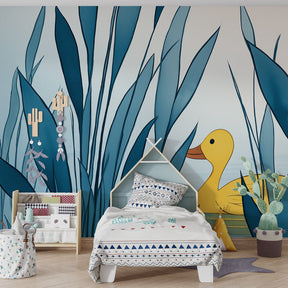 Serene duck pond wallpaper transforming children's bedroom into nature sanctuary