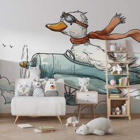 Aviation themed duck wallpaper creating adventurous atmosphere in children's bedroom