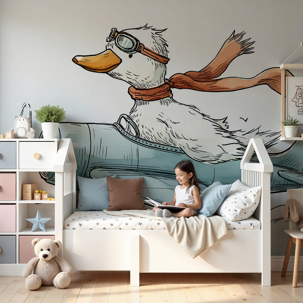 Duck pilot mural wallpaper in modern nursery with vintage airplane theme by Kids-Mundo