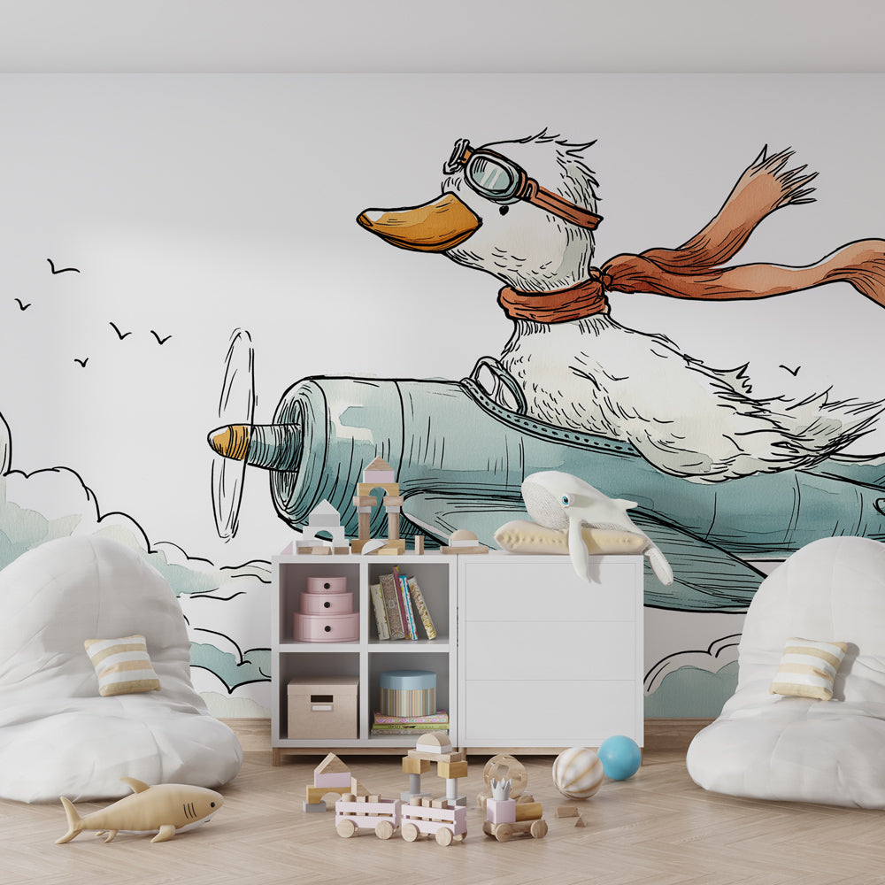 Flying duck pilot wallpaper inspiring imaginative play in kids playroom setting