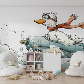 Flying duck pilot wallpaper inspiring imaginative play in kids playroom setting