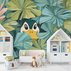 Nature-themed duck and lily pad wallpaper transforming modern kids bedroom into aquatic wonderland