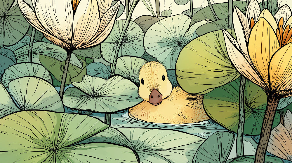Detailed duck and water lily mural wallpaper design pattern by Kids-Mundo showing artistic elements