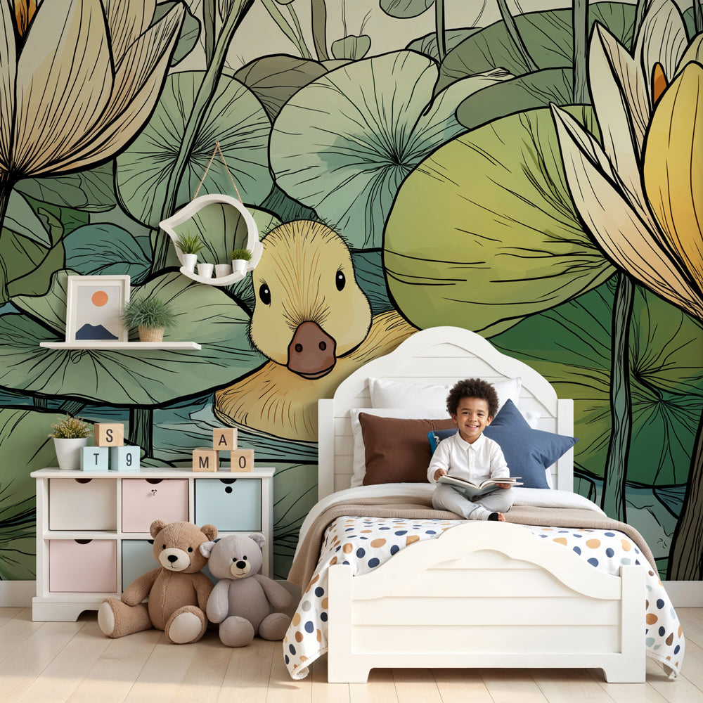 Duck pond mural wallpaper with water lilies in peaceful nursery setting by Kids-Mundo