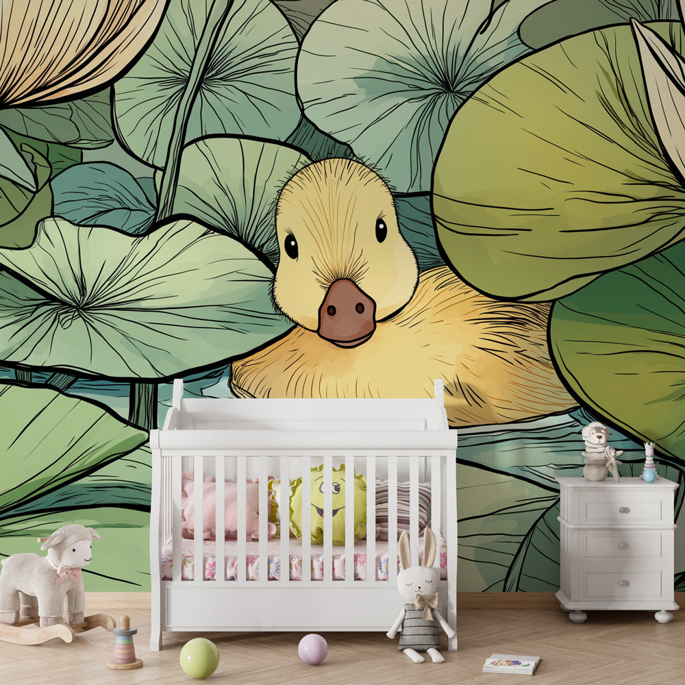 Nature-themed duck mural wallpaper displayed in cozy nursery corner with natural lighting